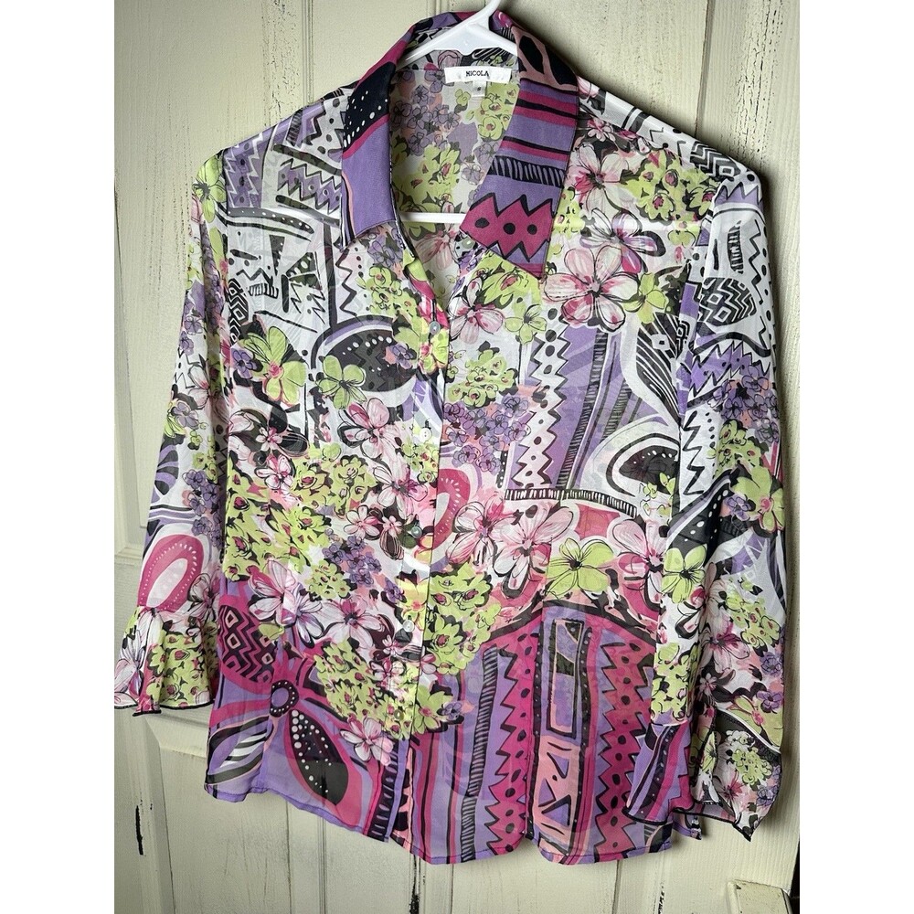Nicola Sheer Long Bell Sleeve Button Front Blouse Sz S
